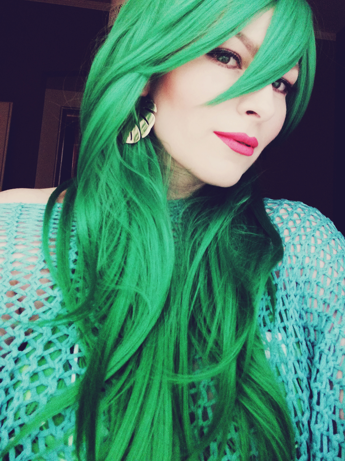 emerald green wig, tropical leaf earrings, crochet beach poncho, Summer fashion, tropical mermaid