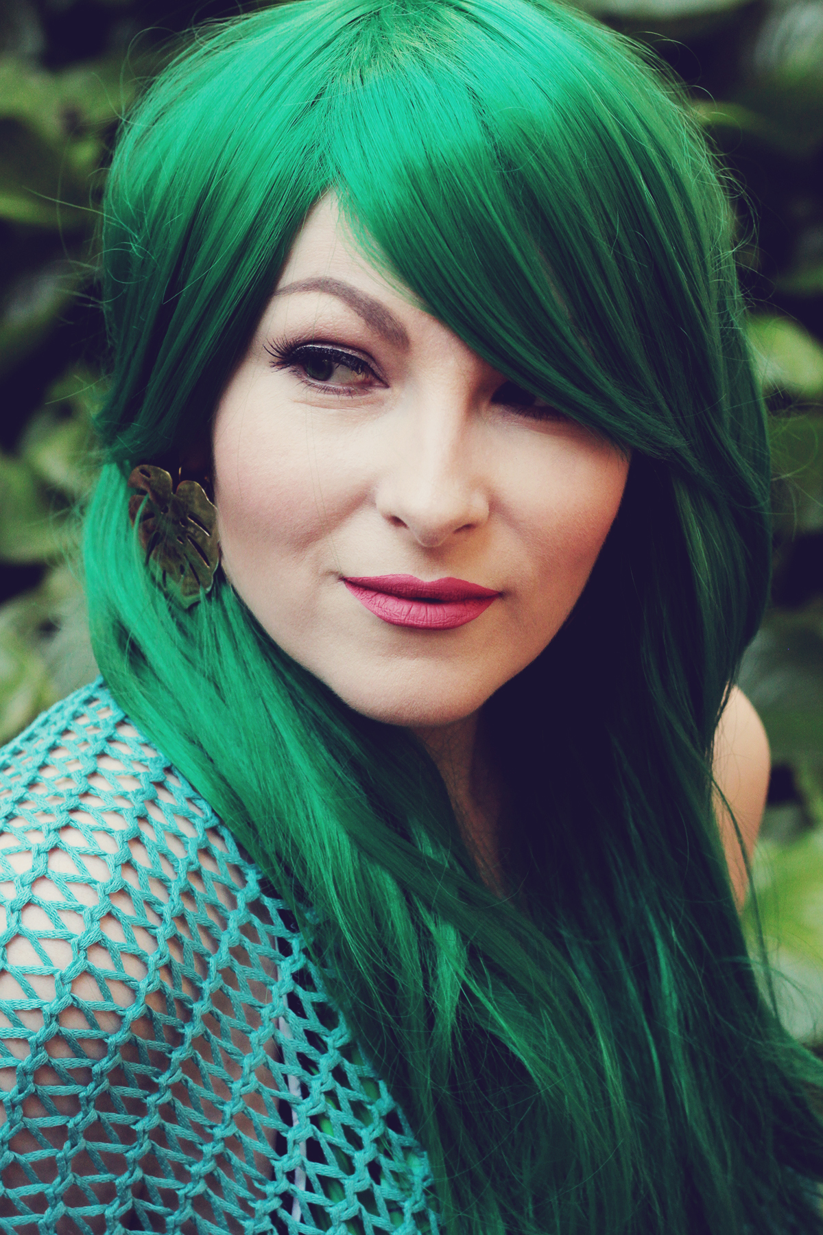 emerald green wig, tropical leaf earrings, crochet beach poncho, Summer fashion, tropical mermaid