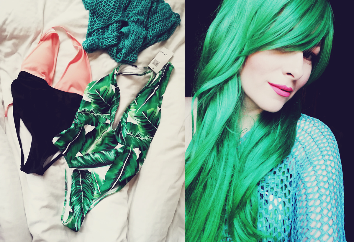 zaful swimsuits, emerald green wig, crochet beach poncho, Summer fashion, tropical mermaid