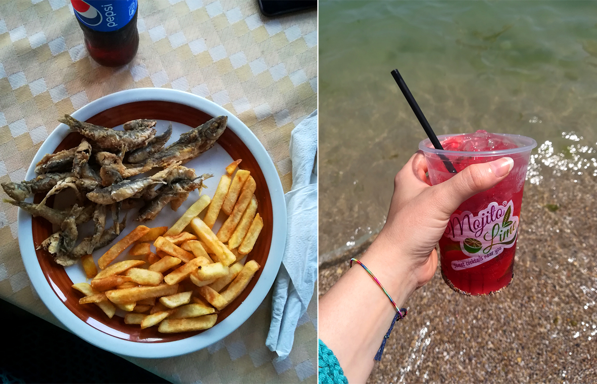 hamsii, french fries, food, vama veche, fried fish, mimosa drink on the beach