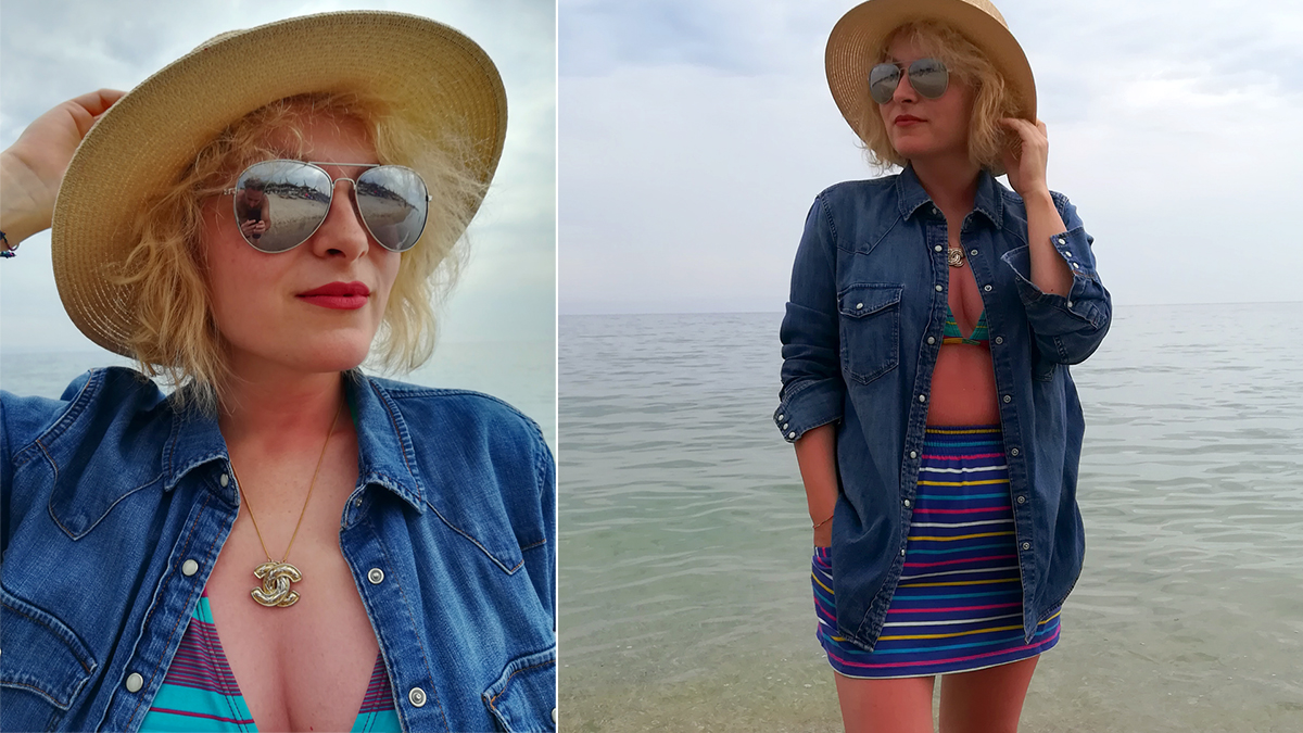 chanel pendant, beach look, vama veche, summer, denim shirt, swimsuit, straw hat, striped skirt