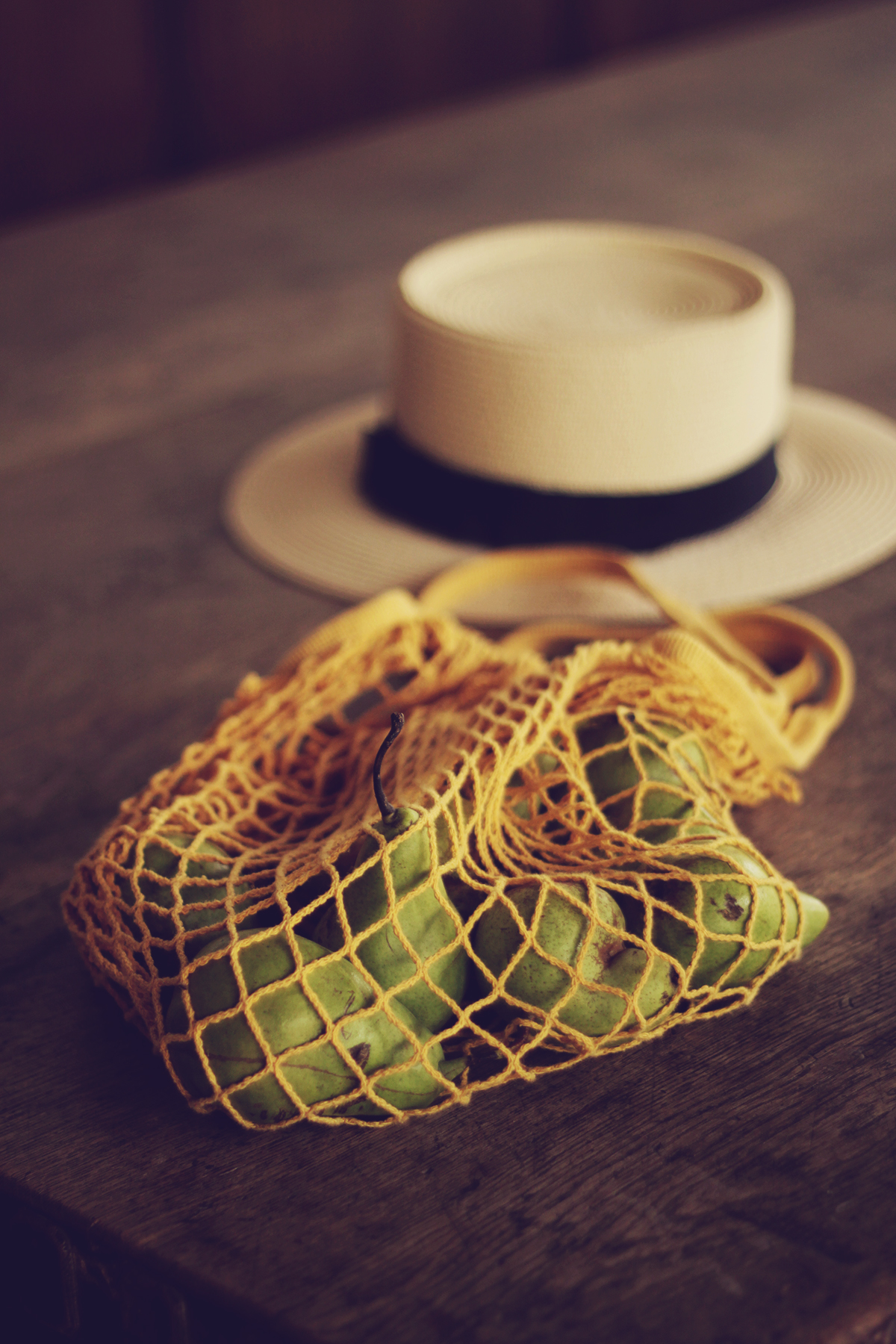 net bag, net bag with wild pears, straw summer hat