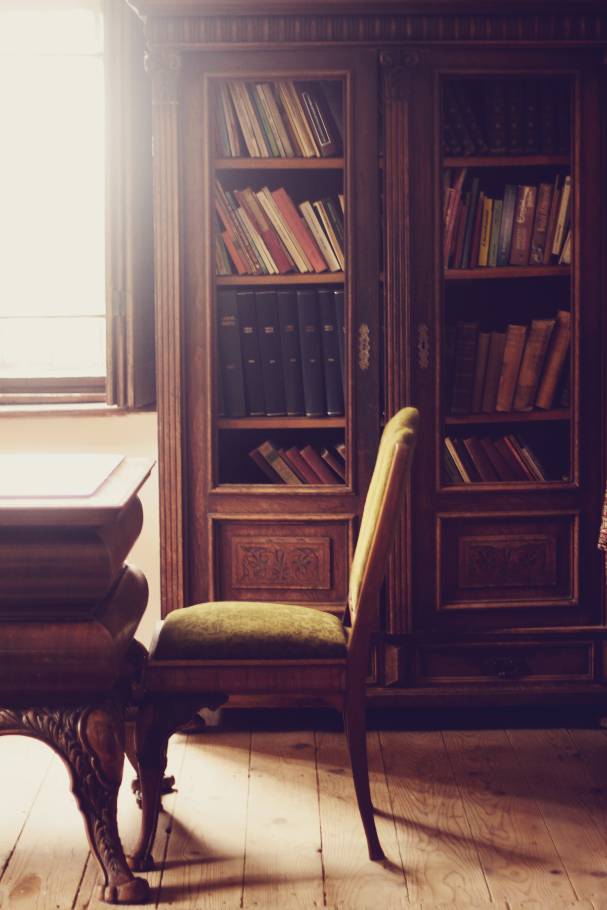 study room, old mansion, old books, library