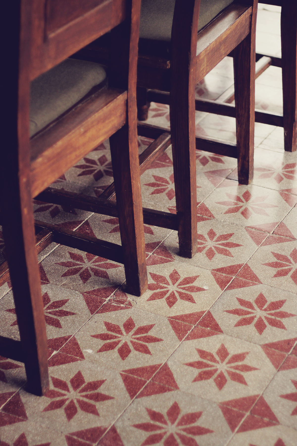 wooden chairs, old mansion, pretty floor tiles