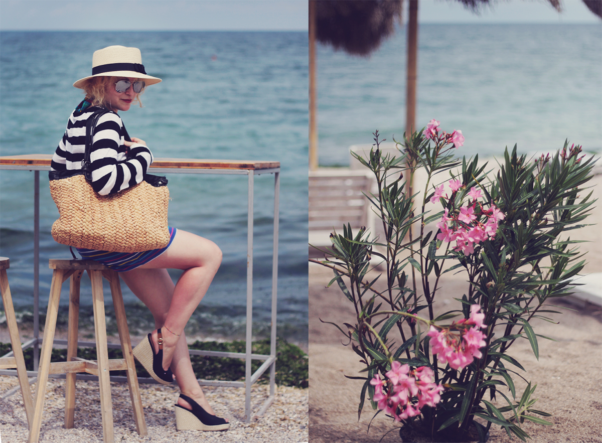 tommy hilfiger platforms, straw hat, beach, beach look, vama veche, yuva beach, summer, stripes, striped top and skirt, beach life, straw bag, rainbow ankle bracelet, table by the beach, pink flowers