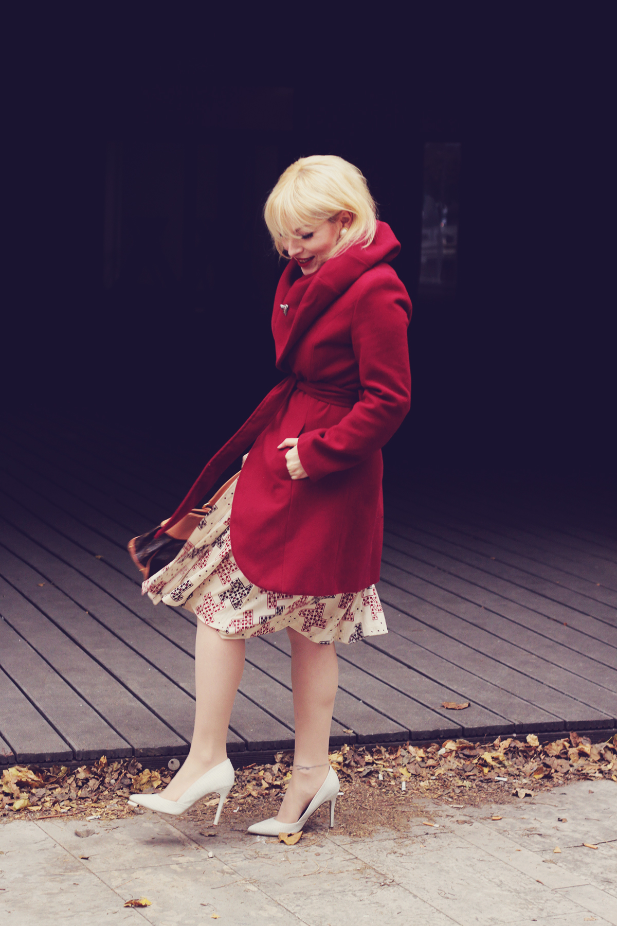 winter fashion, christmas party look, louis vuitton bag, red coat, pattern dress, white heels, vintage earrings and brooch
