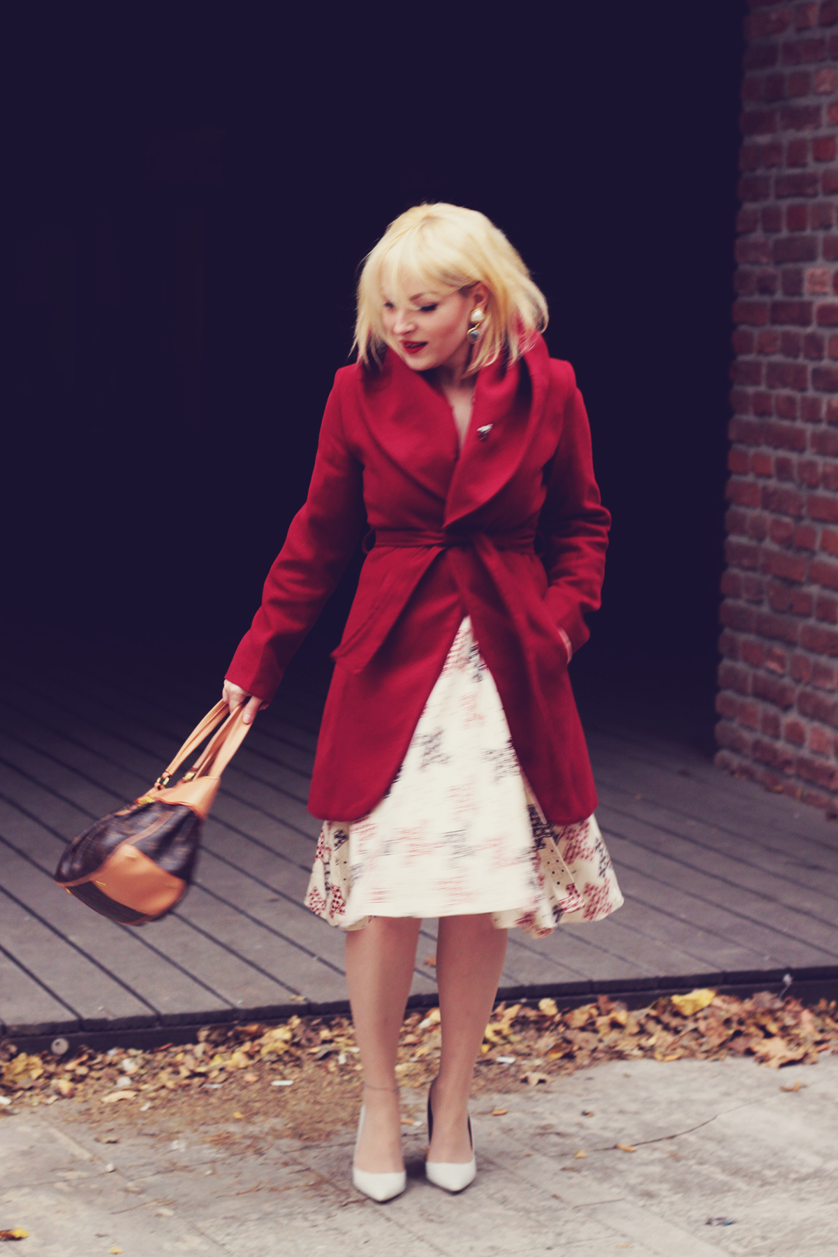 winter fashion, christmas party look, louis vuitton bag, red coat, pattern dress, white heels, vintage earrings and brooch
