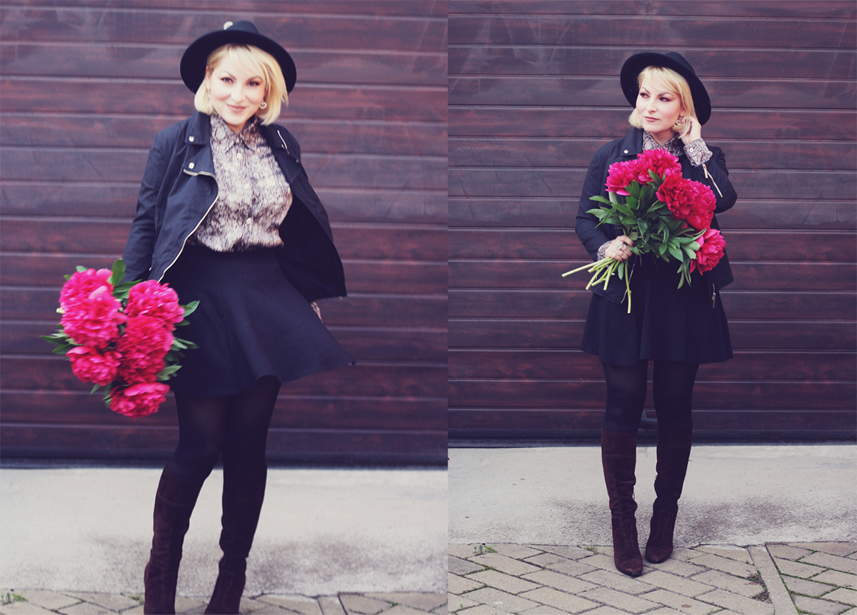 bouquet of peonies, pink peonies, peonies, Guess heart earrings, fedora hat, snake print shirt, black A line skirt, Sergio Rossi suede boots, Moschino jacket, festival look, boho look