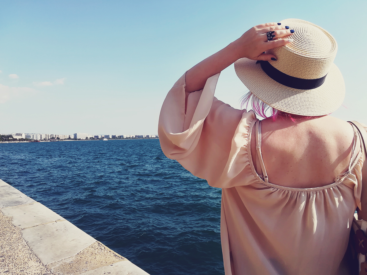 Thessaloniki, travel fashion, travel wear, Summer style, nude top, straw hat, cat ring, travel post