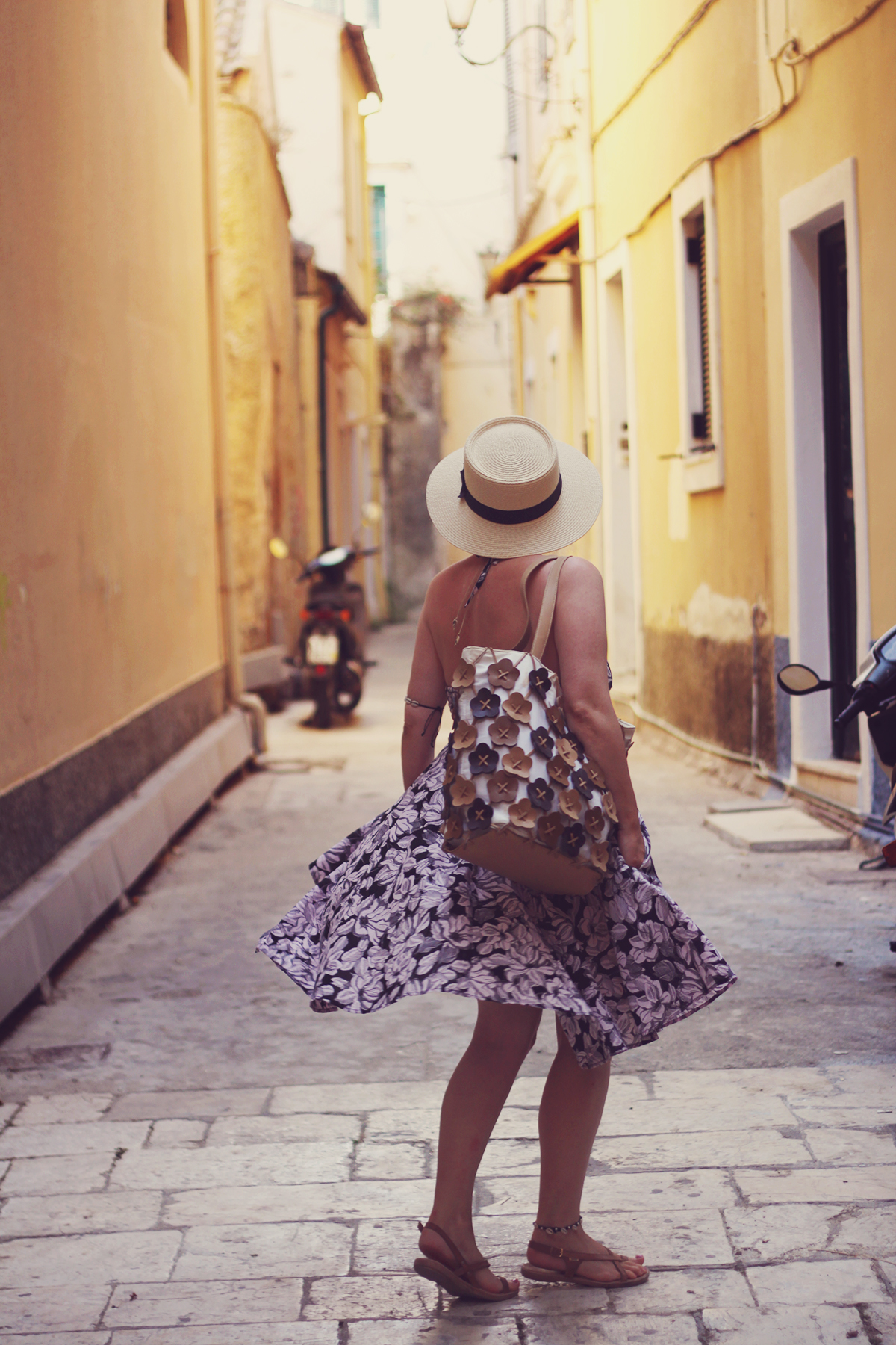 Corfu Town, travel post, travel style, Summer style, floral dress, flat sandals, Nine West floral bag, straw hat