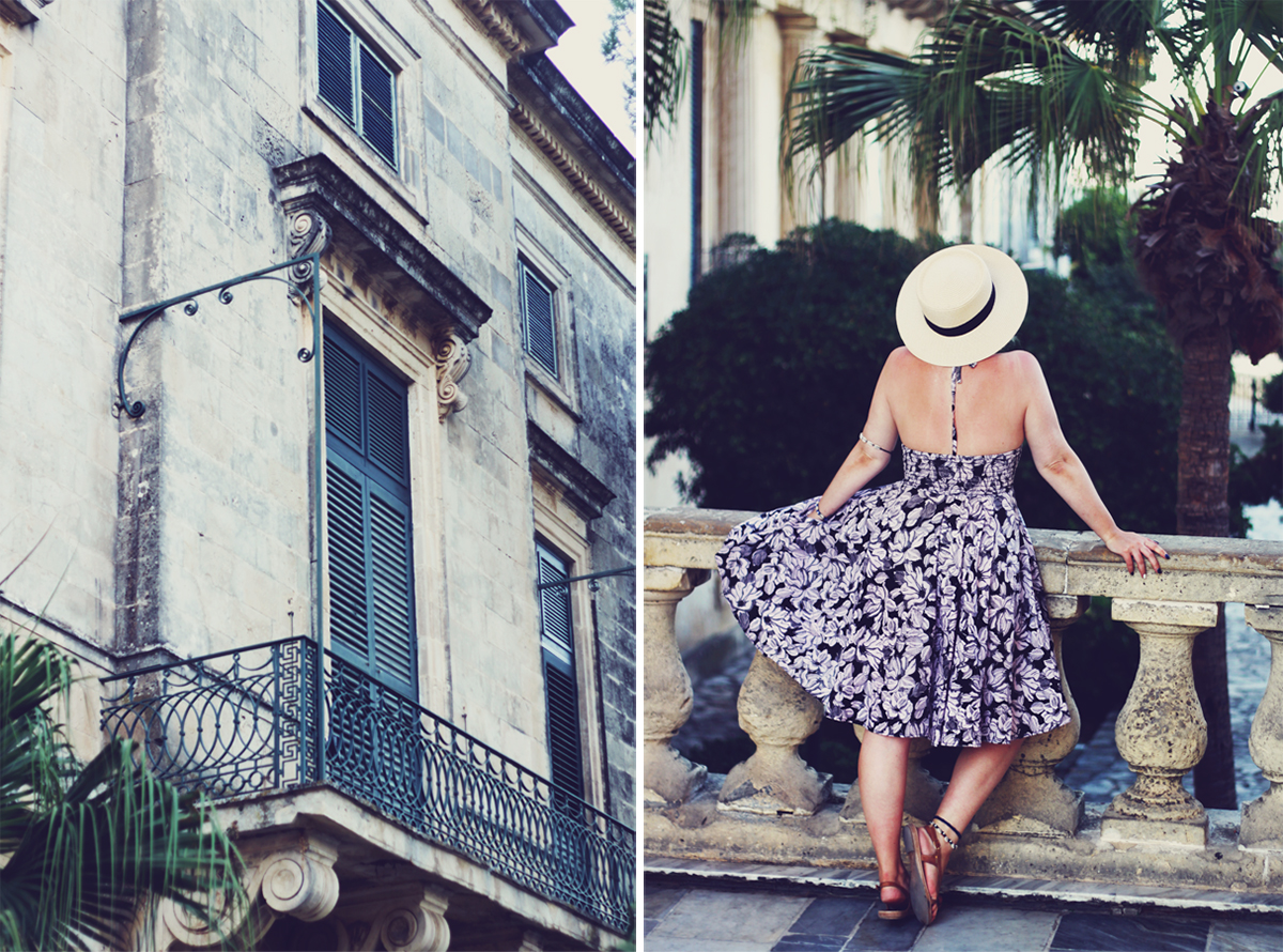 Corfu Town, travel post, Palace of St. Michael and St. George, travel style, Summer style, floral dress, flat sandals, shell bracelets, straw hat