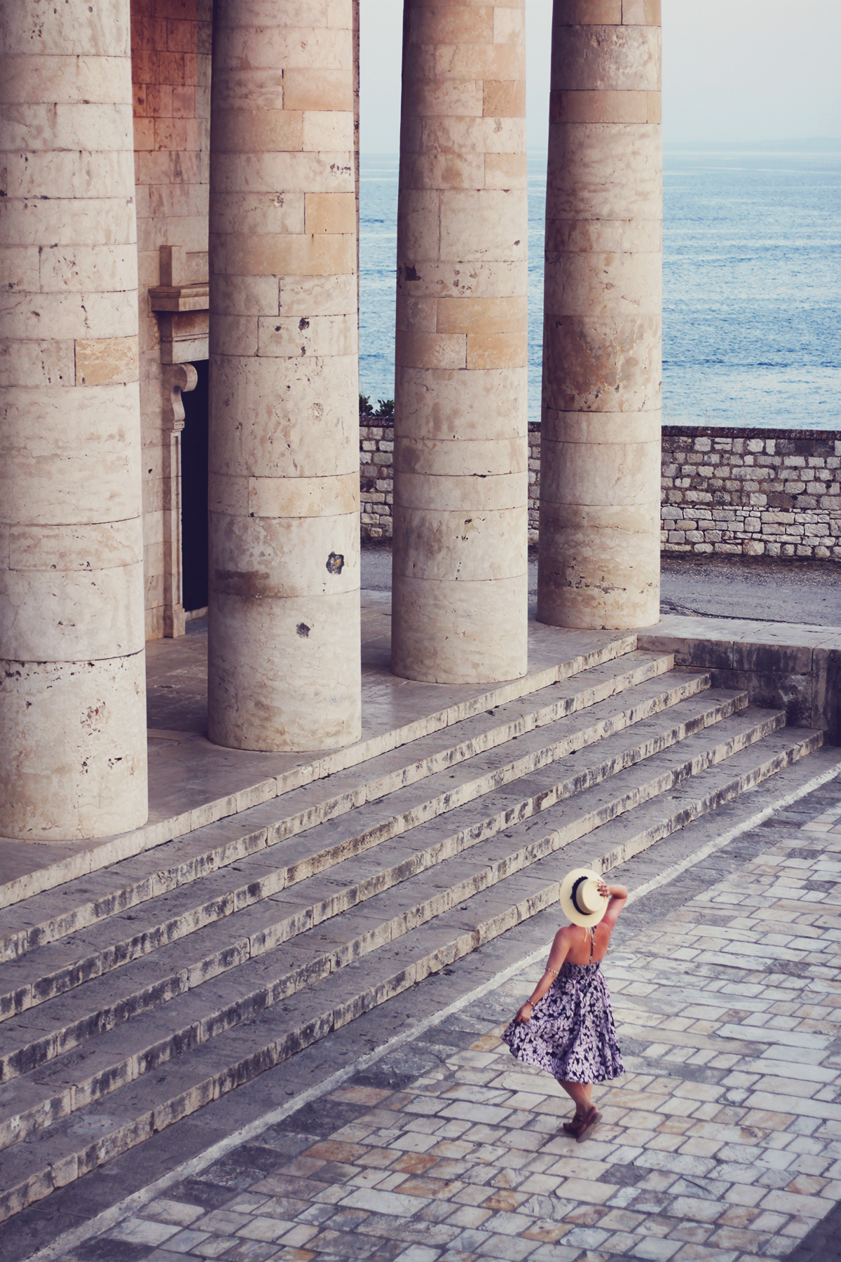 Corfu Town, travel post, Temple of Artemis, straw hat, floral dress, shell bracelets