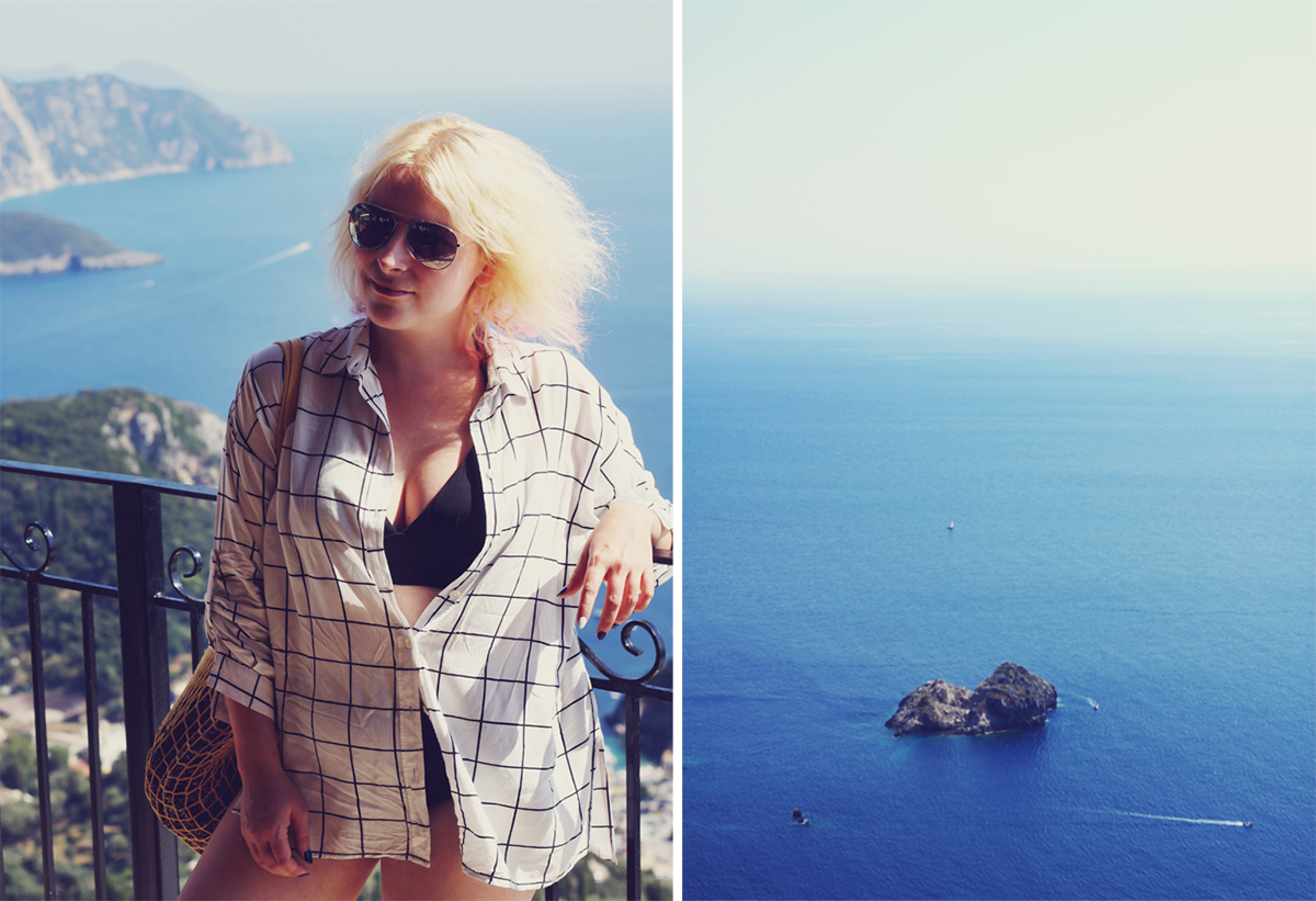 Corfu, travel post, view over Palaiokastritsa from the Golden Fox restaurant, travel style, Summer style, checked shirt and net bag, black swimsuit