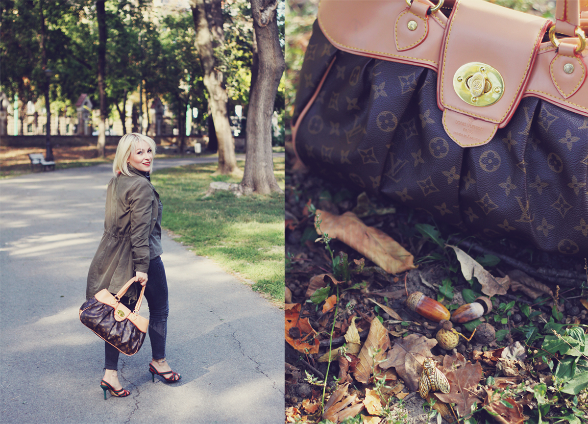 autumn look, fall look, how to transition from summer to autumn, Louis Vuitton bag, Manolo Blahnik shoes, René Gouin Cicada Beetle Brooch, light jacket, shirt