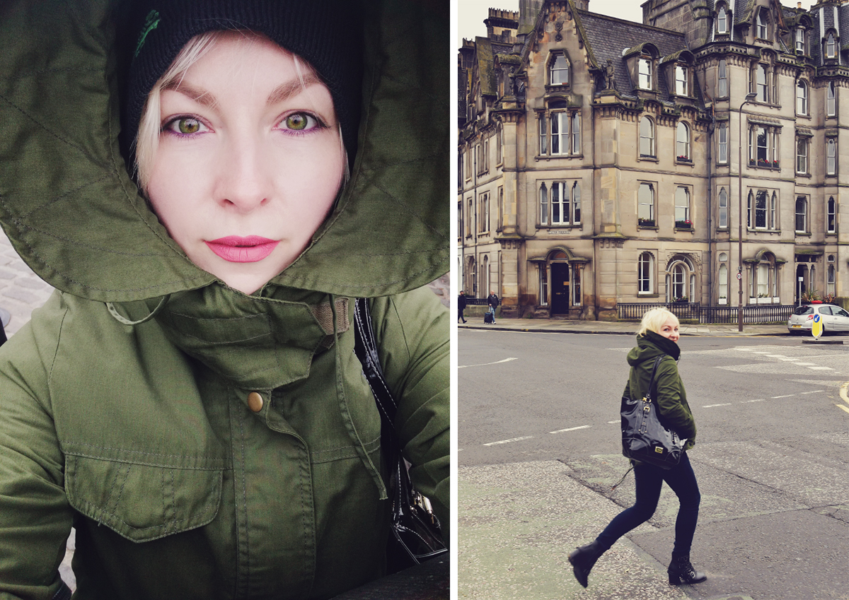 Edinburgh travel post, Travel style, selfie, Nine West bag, Zaful boots, green parka and jeans, green eyes