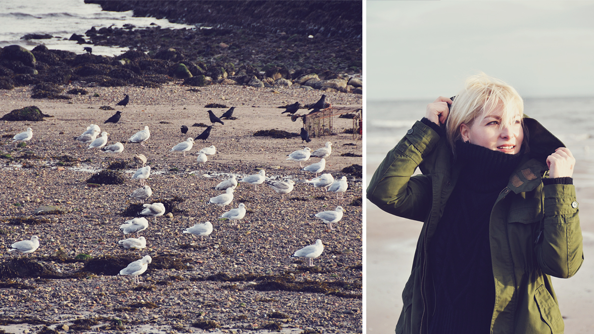 Leven Beach, Scotland travel post, seagulls, cozy sweater, parka jacket, travel style