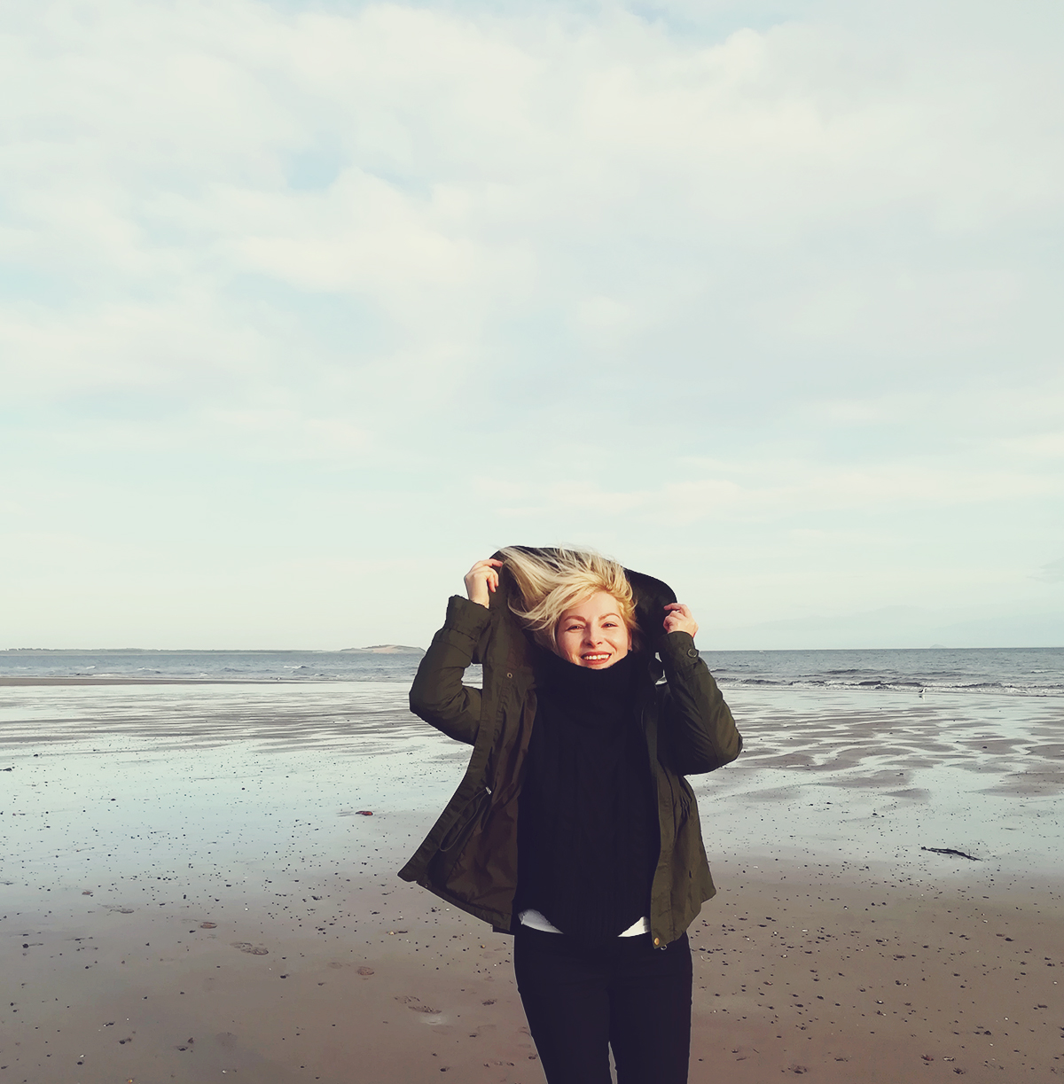 Leven Beach, Scotland travel post, happy, cozy sweater, parka jacket, travel style