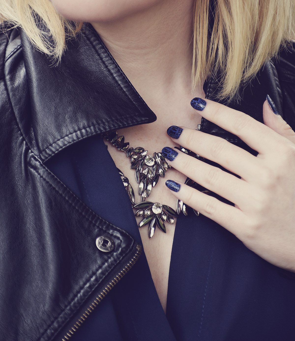 blue nails, faux leather jacket, crystal necklace, blue shirt, spring look, spring