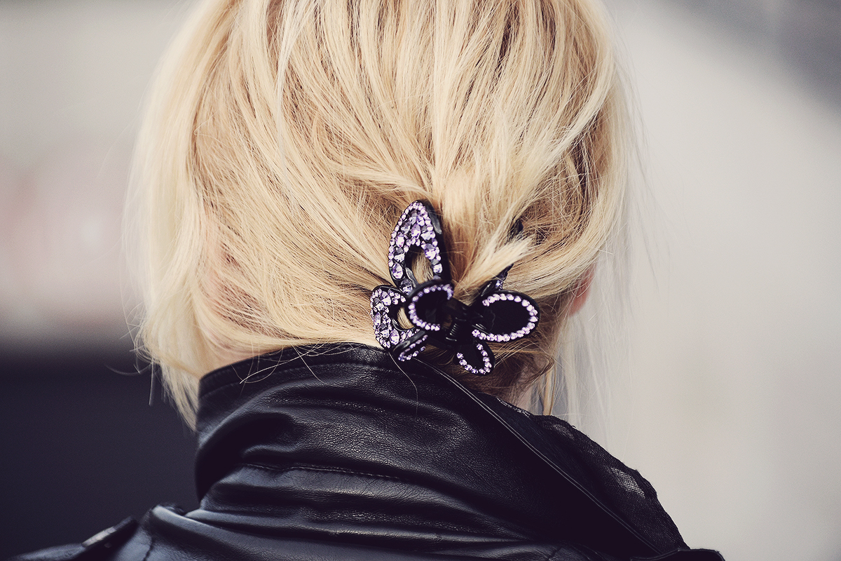 modern gothic, butterfly hair clip, blonde, faux leather jacket