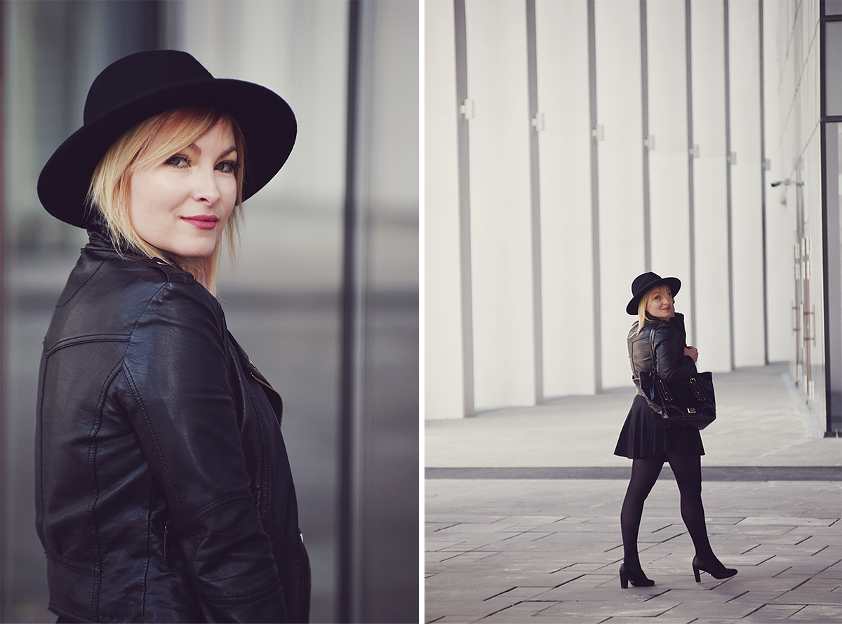 all black look, fall fashion, black fedora hat, a-line skirt, black tights, black pumps, black bag, black faux leather jacket, witchy, preppy witch look