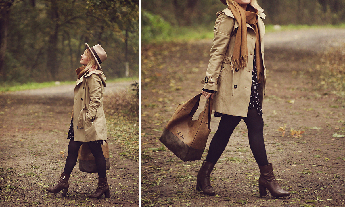 autumn look, fall look, autumn in the woods, trench coat, cashmere scarf, floral dress, brown LiuJo bag, brown boots, beige fedora hat, autumn colors