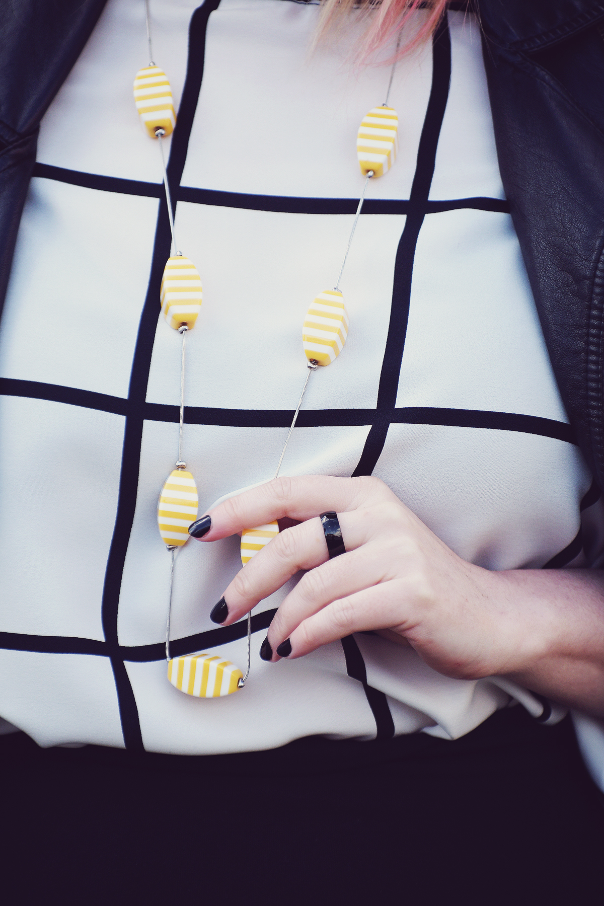 fall fashion, striped top, yellow necklace, etNox black ring, witchy, preppy witch look