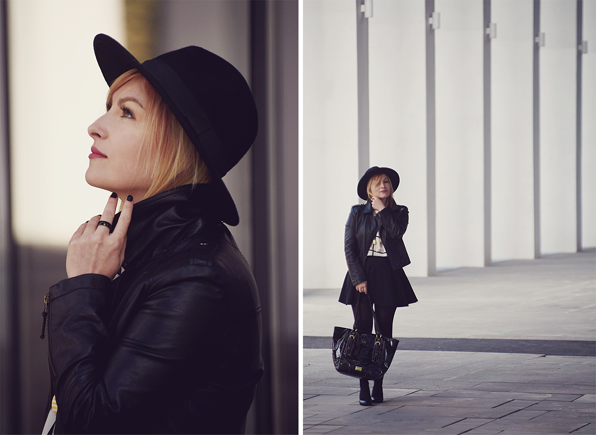 all black look, fall fashion, black fedora hat, a-line skirt, black tights, black pumps, black bag, black faux leather jacket, striped top, etNox black ring, witchy, preppy witch look