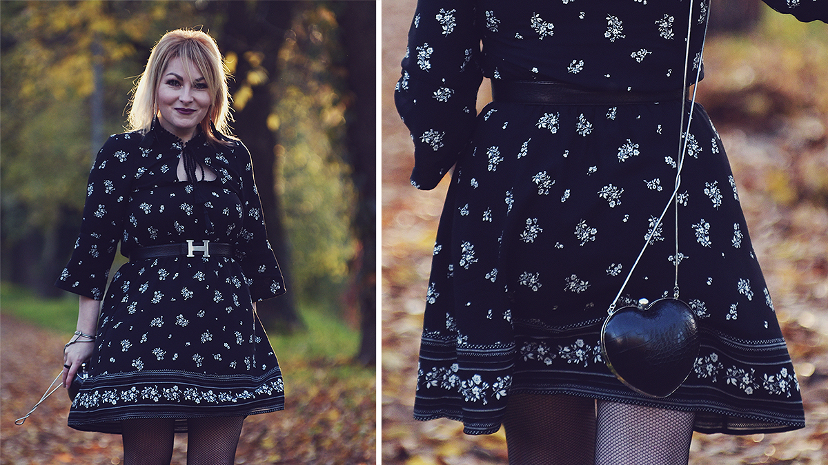 fall look, fall fashion, autumn look, black floral dress, fishnet stockings, Hermes belt, heart shaped clutch bag, all black