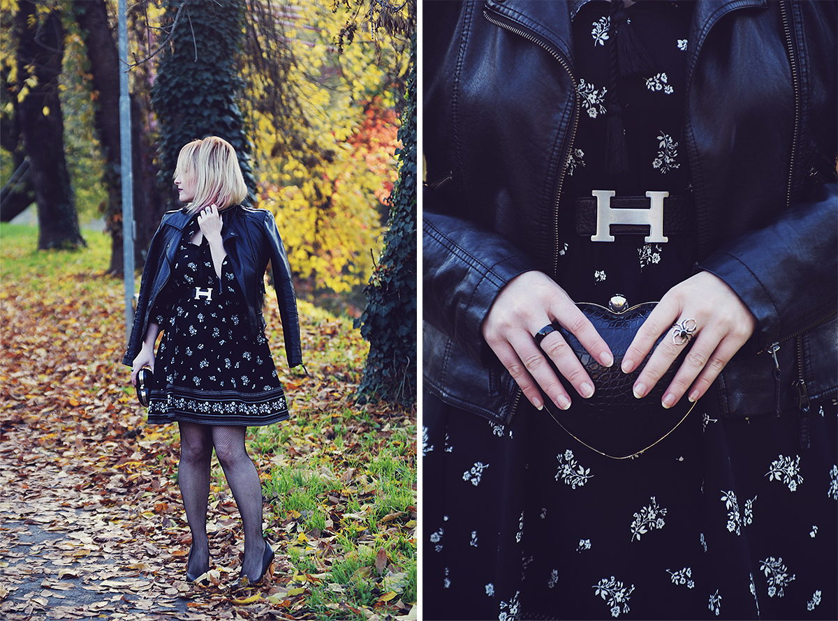 fall look, fall fashion, autumn look, black floral dress, faux leather jacket, fishnet stockings, Hermes belt, heart shaped clutch bag, etNox rings, all black