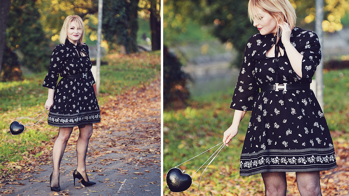 fall look, fall fashion, autumn look, black floral dress, fishnet stockings, heart shaped clutch bag, black heels, all black