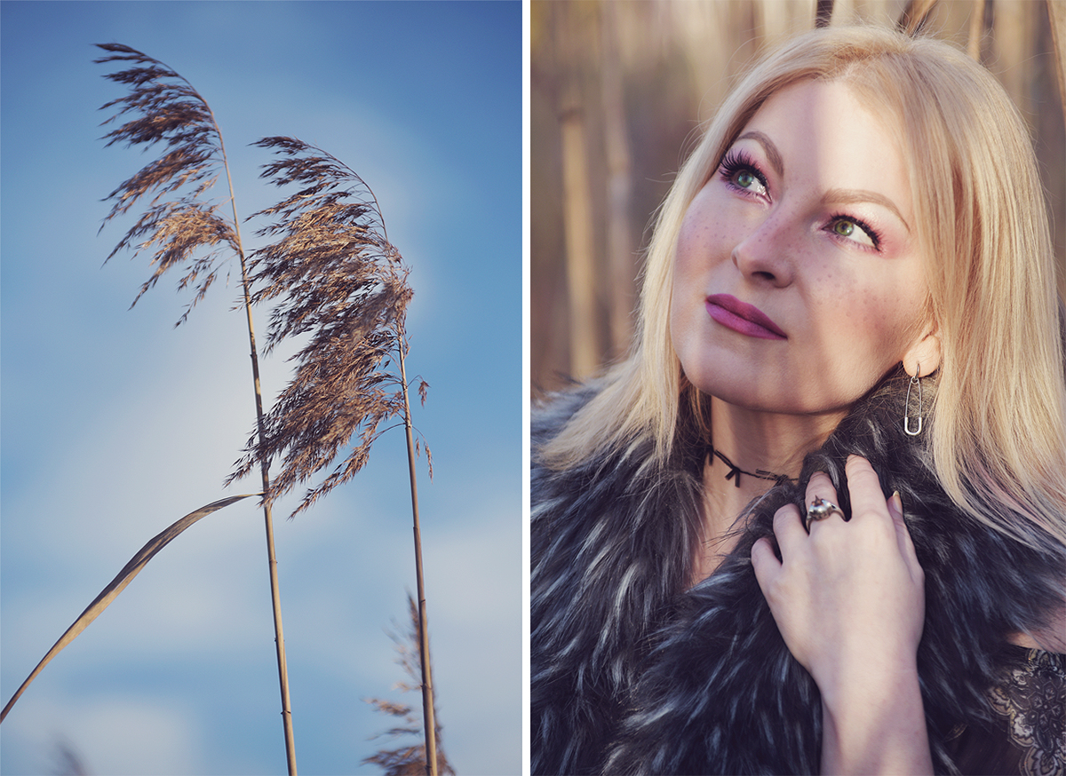out in nature, boho chic, boho look, faux fur scarf, silver raven skull ring, safety pin earrings, choker, gipsy top, basking in sunlight, all pink make-up, faux freckles