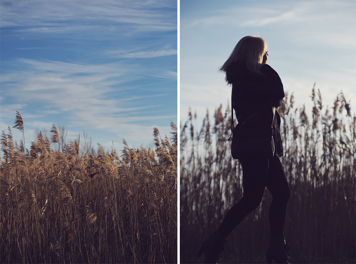 out in nature, boho chic, boho look, faux fur scarf, Picard bag, faux leather jacket, gipsy top, jeans, black boots, basking in sunlight, reed, nature, blue skies
