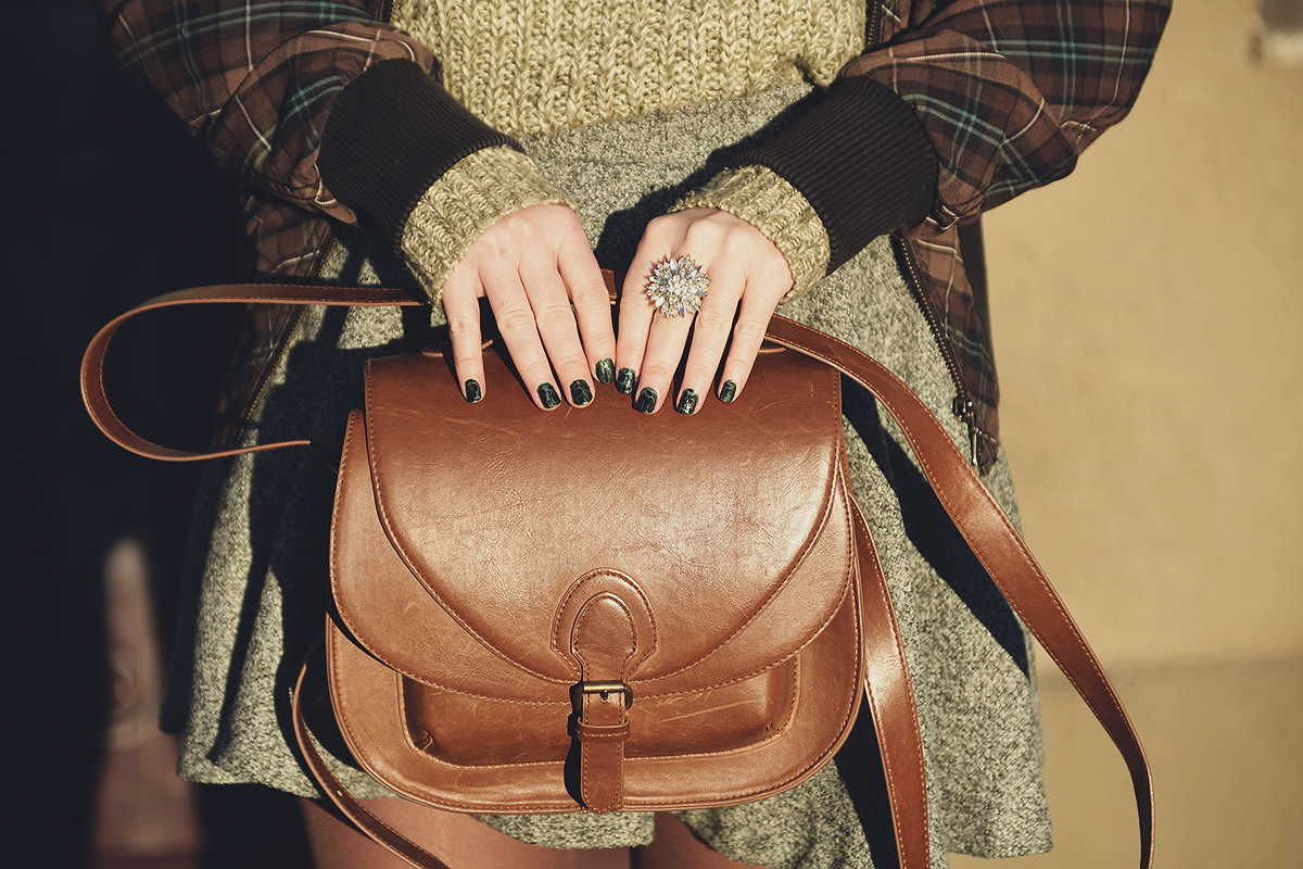 sparkly ring, grey A-line skirt, green jumper, satchel bag, green nails, winter fashion, winter