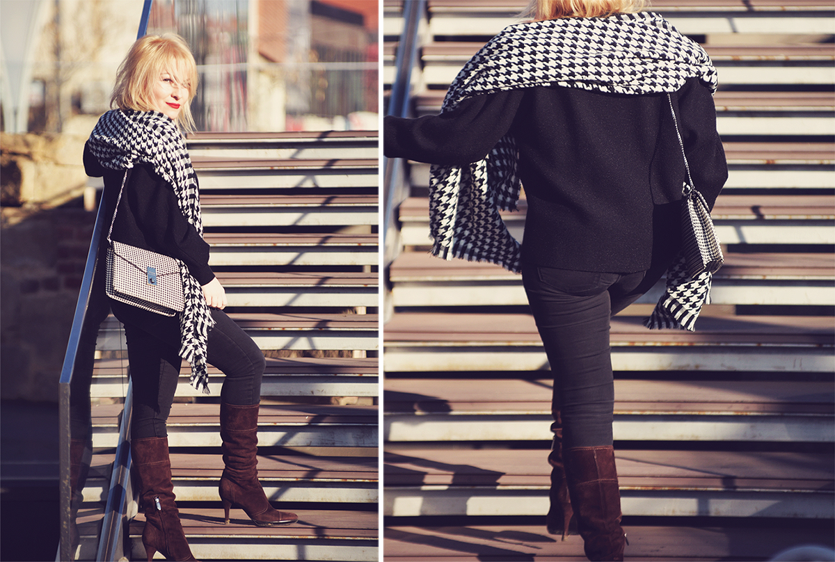 houndstooth pattern scarf, houndstooth pattern bag, jeans, high boots, black jumper, winter style, winter look
