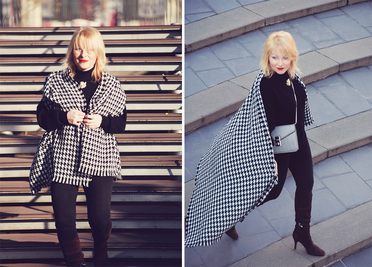houndstooth pattern scarf, houndstooth pattern bag, jeans, high boots, Kenzo brooch, black jumper, winter style, winter look