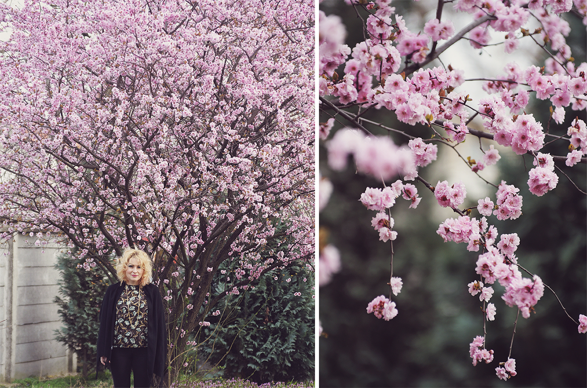 spring look, pink cherry blossoms, pink cherry blossom tree, spring, curly blonde hair, floral top, Christian Dior necklace, black scarf, jeans, pink flower detail