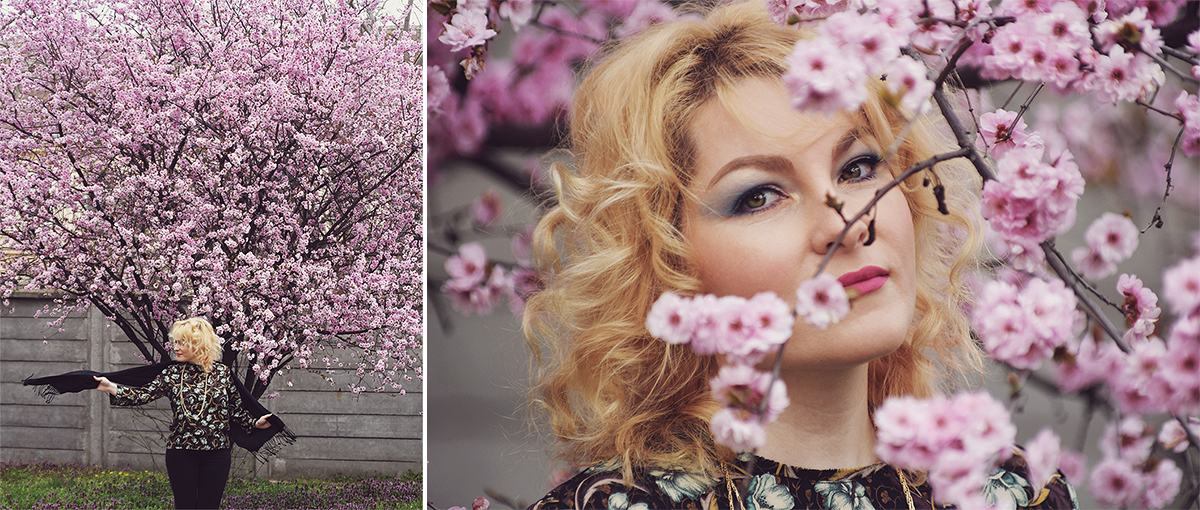 spring look, pink cherry blossoms, pink cherry blossom tree, spring, spring make-up, curly blonde hair, floral top, Christian Dior necklace, black scarf, jeans
