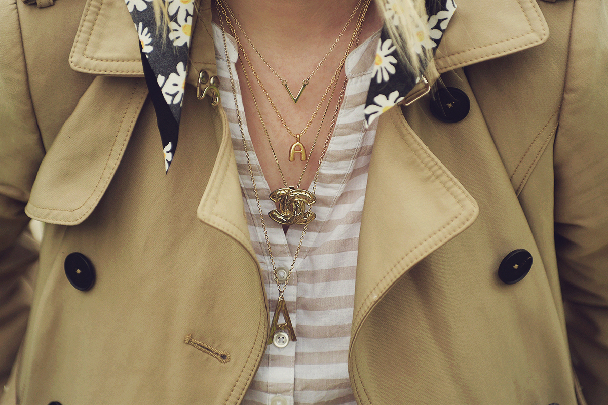 trench coat, chanel pendant, letter necklaces, striped shirt, daisy print hair scarf, spring, spring look, into the woods