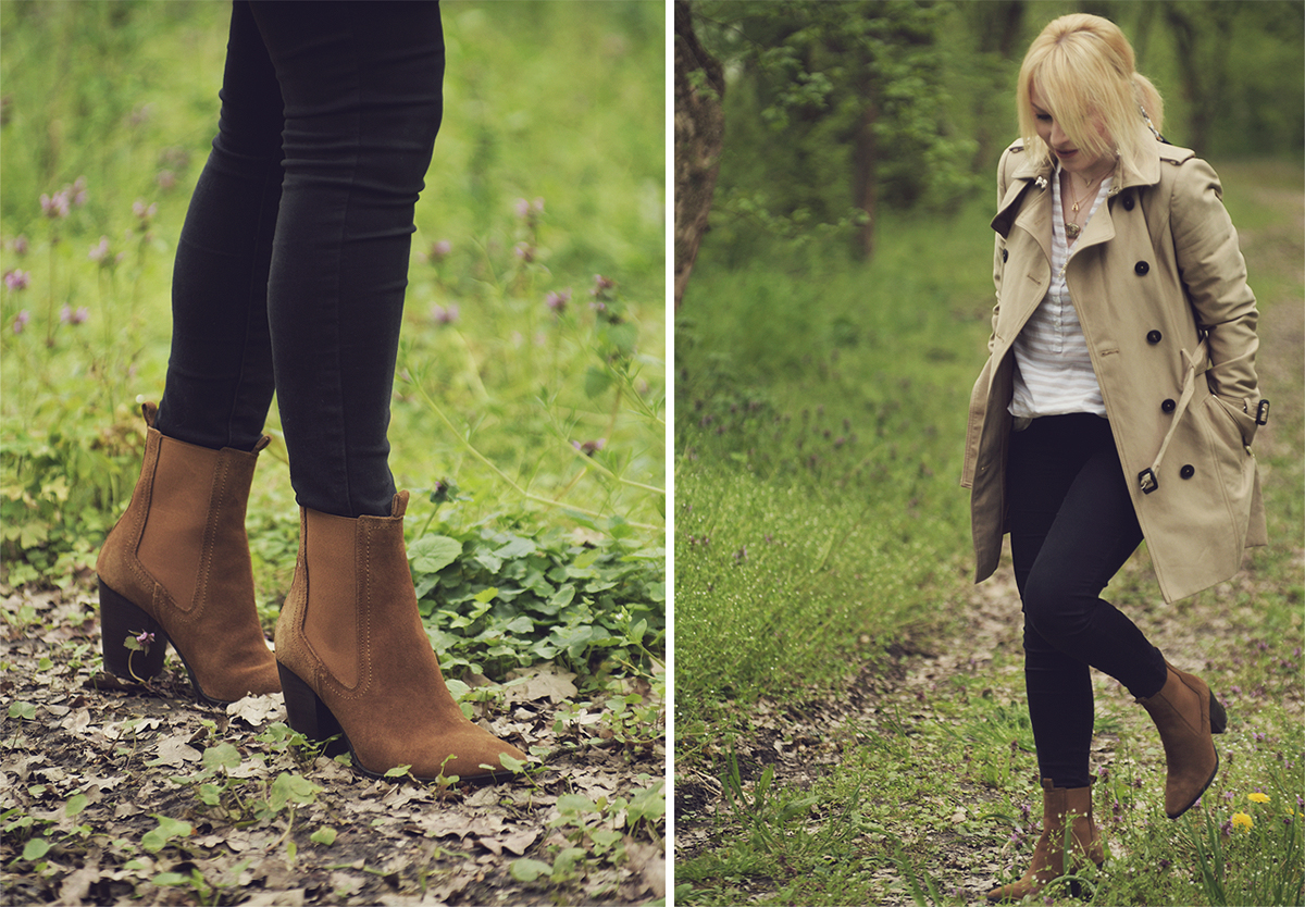 trench coat, jeans, suede boots, daisy print hair scarf, spring, spring look, into the woods
