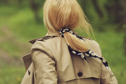 daisy print hair scarf, trench coat, into the woods, spring look