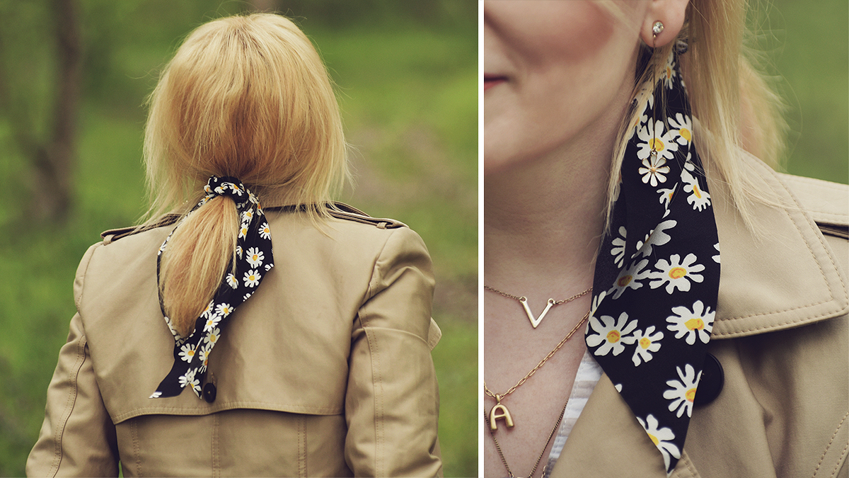 trench coat, letter necklaces, daisy print hair scarf, daisy earrings, spring, spring look, into the woods