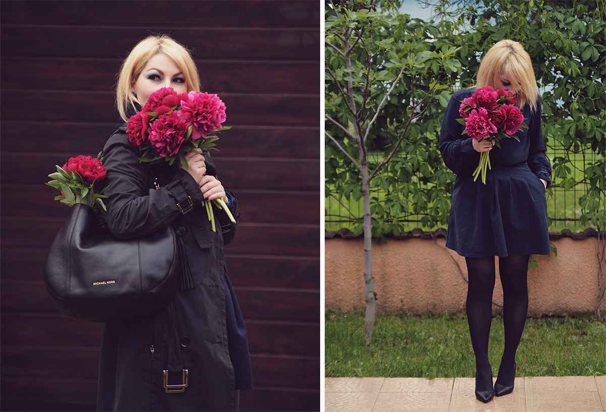 pink peony bouquet, pink peonies, peonies, peony, Michael Kors bag, navy blue trench coat, navy blue skirt with pockets, navy blue shirt, black heels, spring look, spring