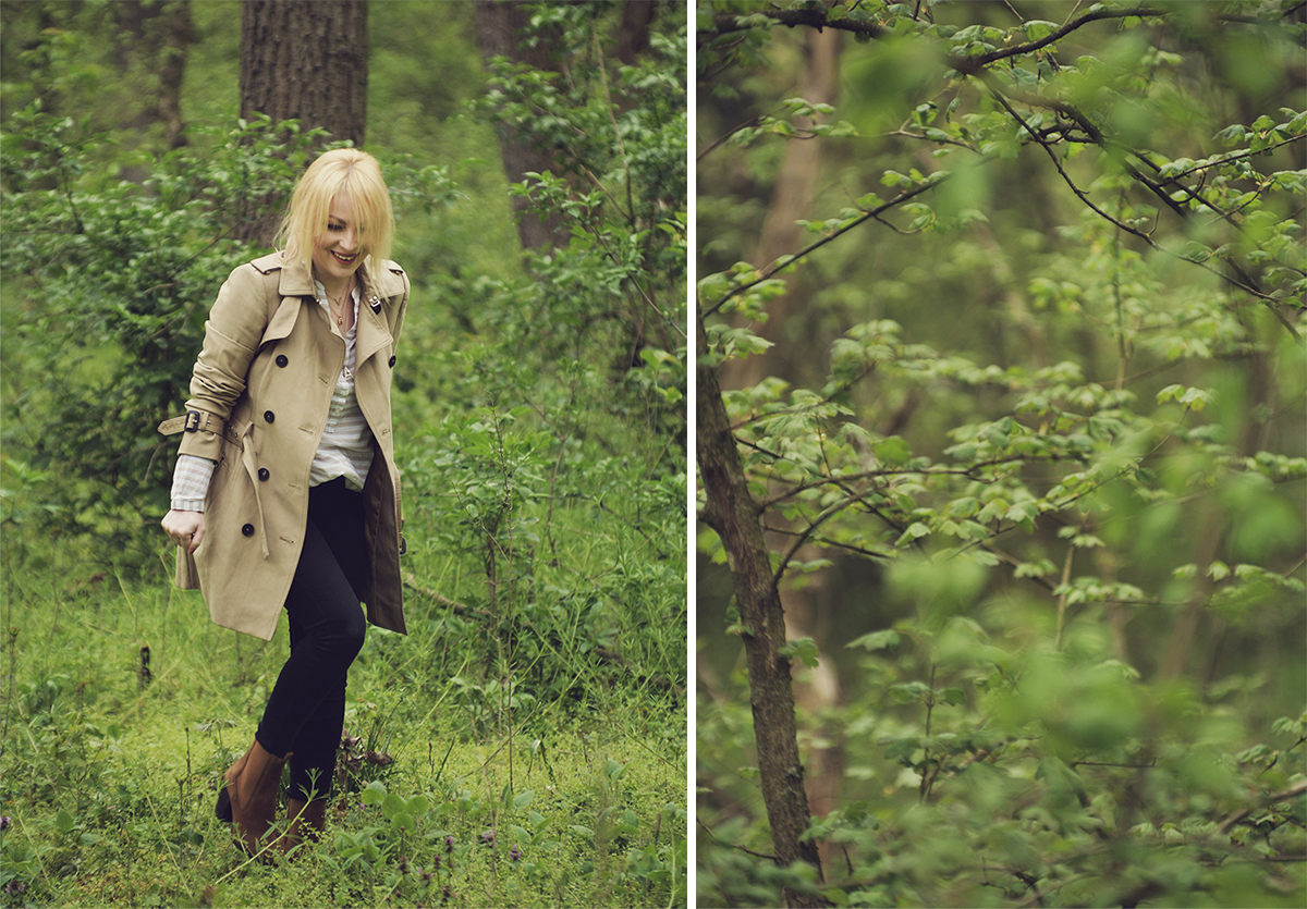 trench coat, jeans, suede boots, striped shirt, spring, spring look, into the woods