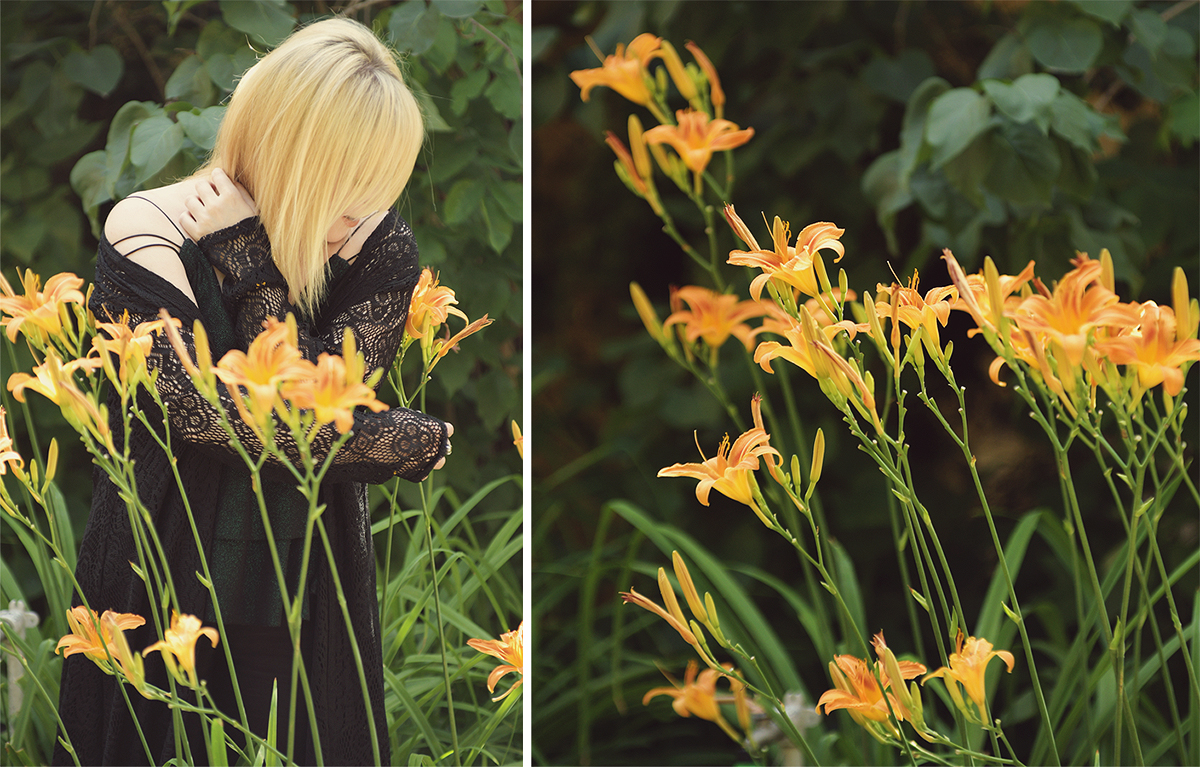 tiger lilies, witch look, nature fairy, emerald top, long lace black cardigan, long blonde hair