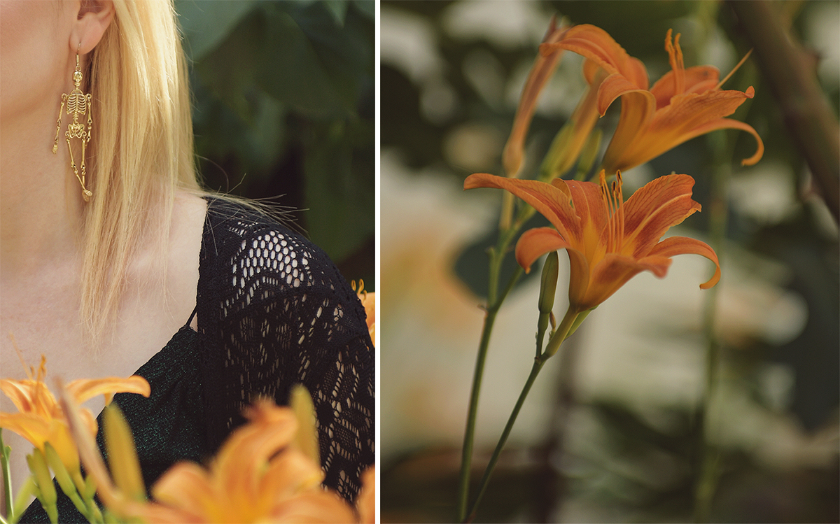 tiger lilies, witch look, nature fairy, emerald top, long lace black cardigan, skeleton earrings, long blonde hair