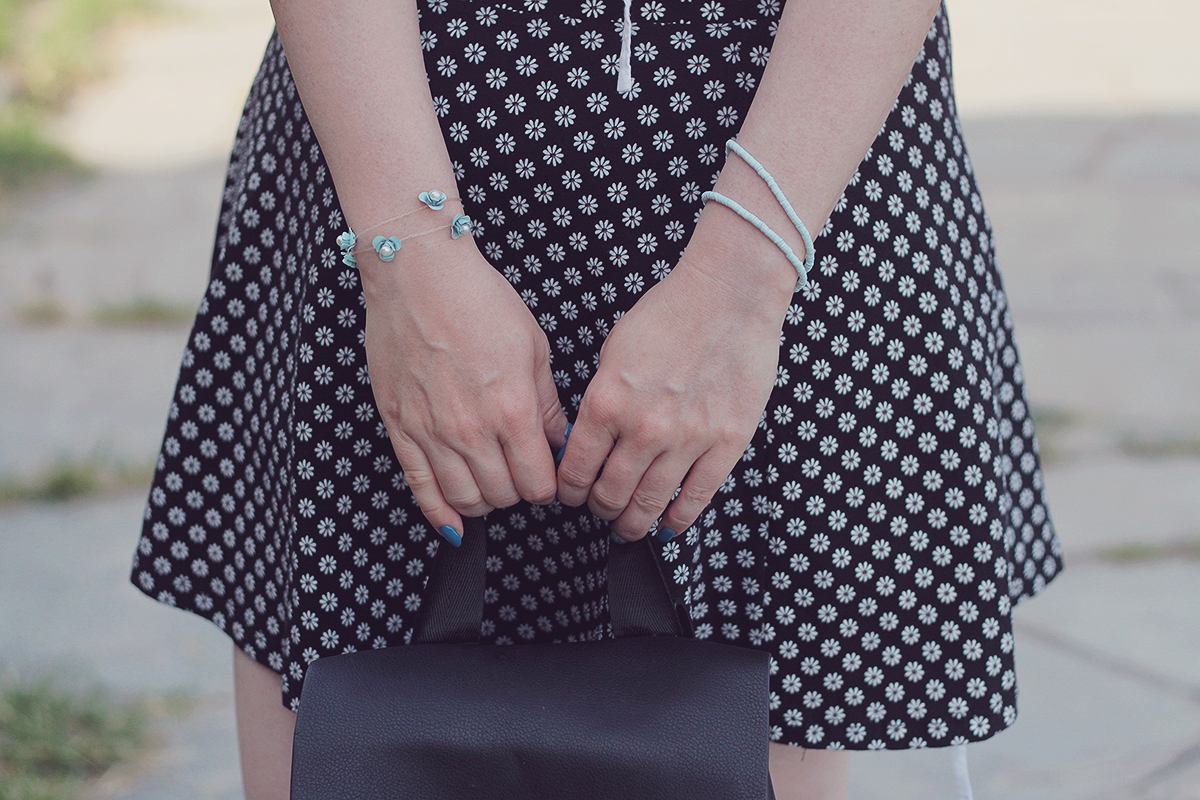 travel style, travel, Thessaloniki, Greece, summer style, daisy print skirt, blue bracelets, black backpack