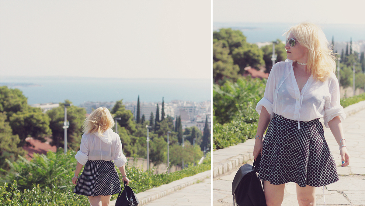 travel style, travel, Thessaloniki, Greece, summer style, daisy print skirt, hooded white shirt, black backpack, daisies choker, daisy print bralette top