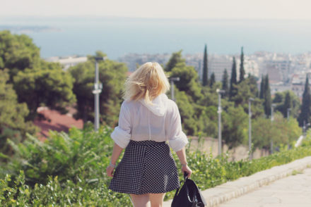 travel style, travel, Thessaloniki, Greece, summer style, daisy print skirt, hooded white shirt, black backpack