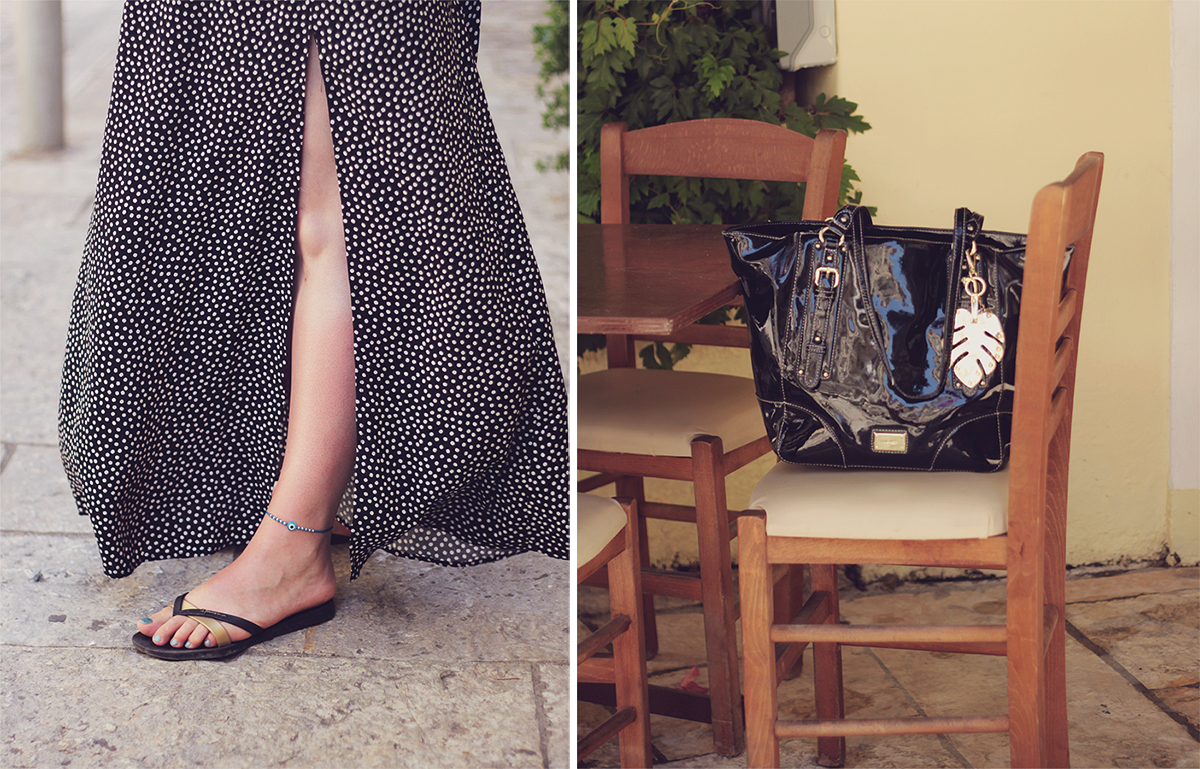 summer style, summer travel style, Greece, Corfu Town, maxi dress, black flip flops, black laquer shopper bag