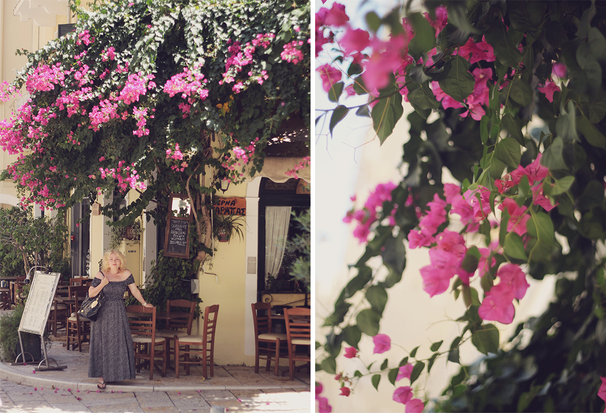 summer style, summer travel style, Greece, Corfu Town, off the shoulder maxi dress, black shopper bag, curly blonde hair